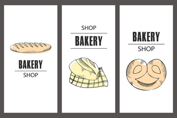 Set of brochures with bakery products for shop and cafe. Minimalistic vector illustration.