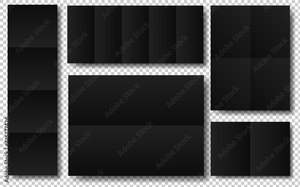 Poster blank folded paper sheets collection. black notebook or book page. design template or mockup. vector