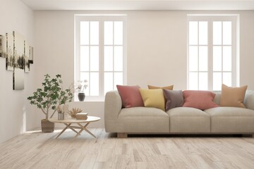 Fototapeta premium White living room with sofa. Scandinavian interior design. 3D illustration