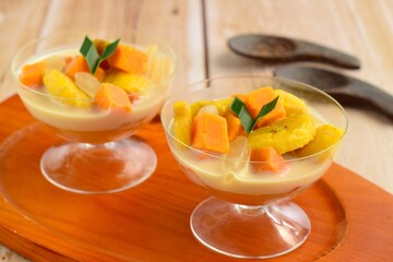 Indonesian Food - Kolak Pisang Ubi Kolang Kaling (Banana, sweet potato and palm seed). Cooked with coconut milk, palm sugar and pandanus leaves.