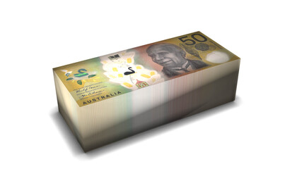 Australia 50 Dollars Banknotes Money Stack on White Background