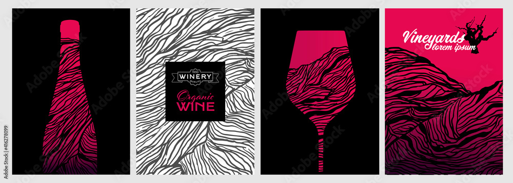 Poster set of design templates with wine glass and bottle illustration. creative and artistic background te
