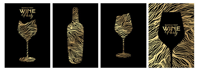 Set of design templates with wine glass and bottle illustration. Creative and artistic background texture with lines that simulate the skin of a grape vine.