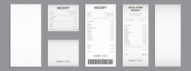 Cash receipt on clipboard, purchase bill invoice, supermarket shopping retail sum check and total cost store sale payment, empty and filled blank isolated on grey background. Realistic 3d vector set