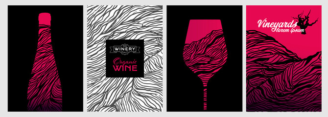 Set of design templates with wine glass and bottle illustration. Creative and artistic background texture with lines that simulate the skin of a grape vine. - 416278099