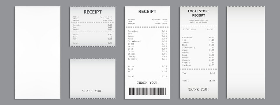 Cash receipt on clipboard, purchase bill invoice, supermarket shopping retail sum check and total cost store sale payment, empty and filled blank isolated on grey background. Realistic 3d vector set