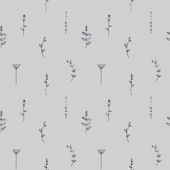 Astrology moon and branches of plants herbs with leaves pattern seamless square isolate on gray background. Textured digital art. Print for textiles, postcard, banner, website, stationery, tattoo