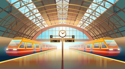 Obraz premium Railway station platform with trains and a clock. Cartoon vector illustration.