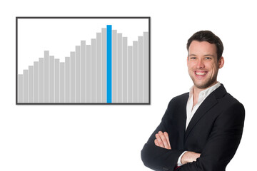 Laughing businessman in front of a gray and blue graph, isolated on white background