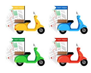 Set of delivery motorbike. Online order tracking, tasty pizza delivery home and office. Shipping