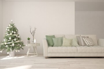 Winter new year interior of living room with sofa. Scandinavian design. 3D illustration