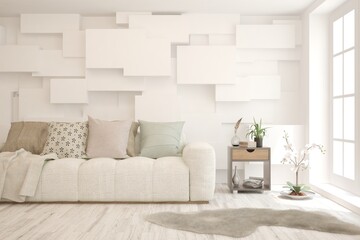 White living room with sofa. Scandinavian interior design. 3D illustration