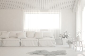 White minimalist living room with sofa. Scandinavian interior design. 3D illustration
