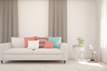 White living room with sofa. Scandinavian interior design. 3D illustration