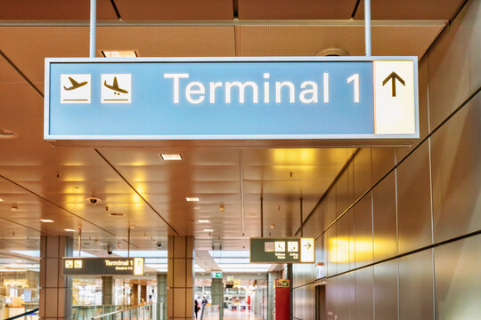Close up of the Terminal 1 sign at the Hamburg airport, Germany