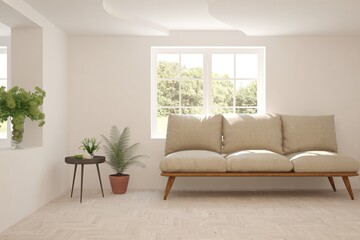 White living room with sofa. Scandinavian interior design. 3D illustration