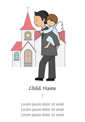 My first communion boy card. Child carrying an angel on his back with the church in the background