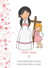 My first communion girl card. Girl next to an angel carrying a cross
