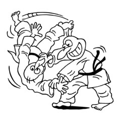 Judo players fight and throw each other on tatami grip Osoto Gari, sports joke, black and white cartoon