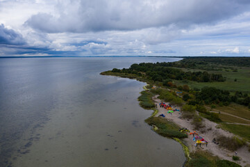 Aerial drone view of  Baltic Sea coast in Hel peninsula, Jastarnia. Drak clouds by the Puck Bay in...