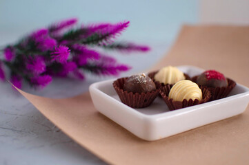 Chocolate cheese truffles, homemade chocolate. Delicious chocolate candies. Group of sweet chocolate truffles on gray background. Selective focus
