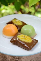 Indonesian sweet dessert, Nagasari coklat and Kue Talam. traditional steamed snack made of a rice flour and coconut milk