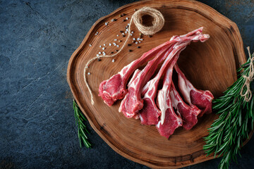 Raw lamb ribs with rosemary on wood board. Mutton meat for bone-in steaks, top view