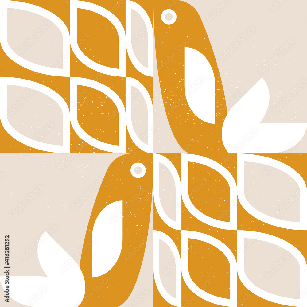 Poster abstract geometric retro inspired vector seamless pattern.stylized bird, leaves and flowers in paste
