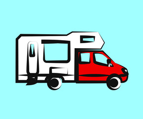 Mobile home on a blue background. Cartoon. Vector illustration.