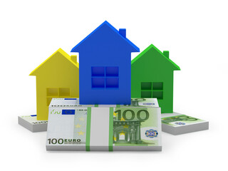 Group of colorful houses icons on stacks of euro bills. 3d illustration 