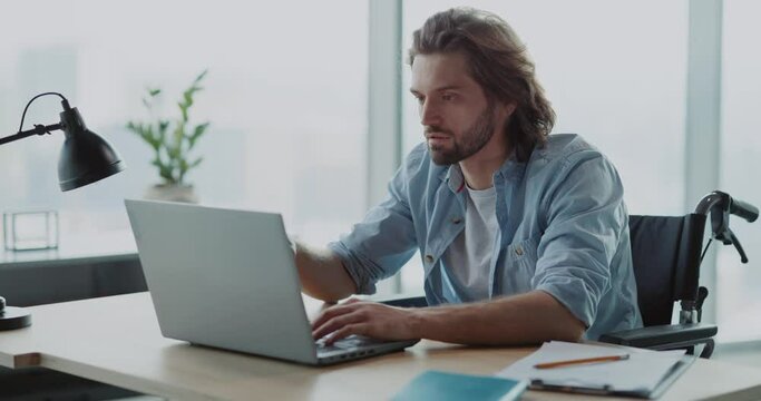 Young office worker caucasian man sitting on laptop checking finished project having internet connection trouble frustrating getting deep surprise. Problem concept.
