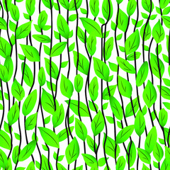 Green leaves and twigs. Seamless pattern. Spring background. Vector illustration.  