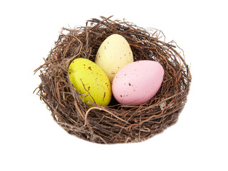 Naklejka na ściany i meble Colorful eggs in wooden bird nest isolated on the white background