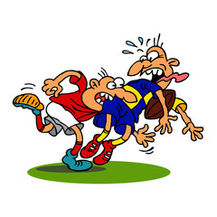 Rugby player bites another player in the ass to take his ball, foul and funny moment, color cartoon