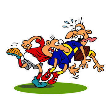 recommend clip art: Rugby player bites another player in the ass to take his ball, foul and funny moment, color cartoon