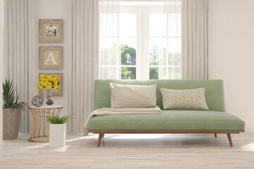 White living room with sofa and summer landscape in window. Scandinavian interior design. 3D illustration