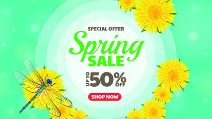 Spring sale banner. Illustration with dandelions and dragonfly