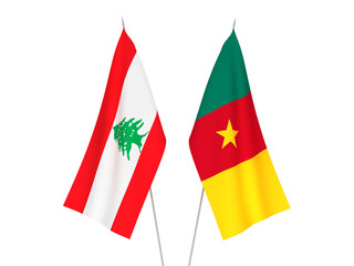 National fabric flags of Lebanon and Cameroon isolated on white background. 3d rendering illustration.