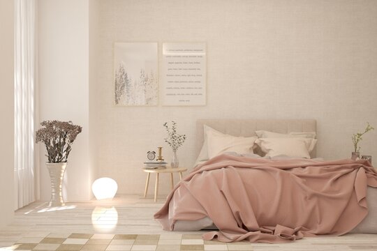 Pink bedroom interior. Scandinavian design. 3D illustration
