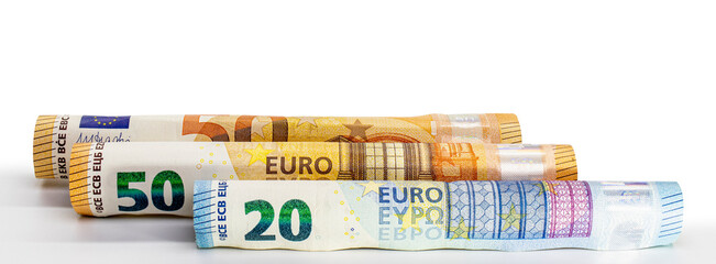 Euro banknotes rolled into a tube. European Union money. Close-up. Isolated white background. Concept for design