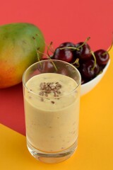 Refreshing drink mango cherry smoothie with flax seeds