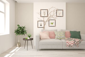 White living room with sofa. Scandinavian interior design. 3D illustration