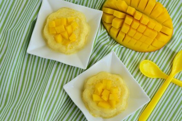 Mango pudding with cubed fresh mango on top
