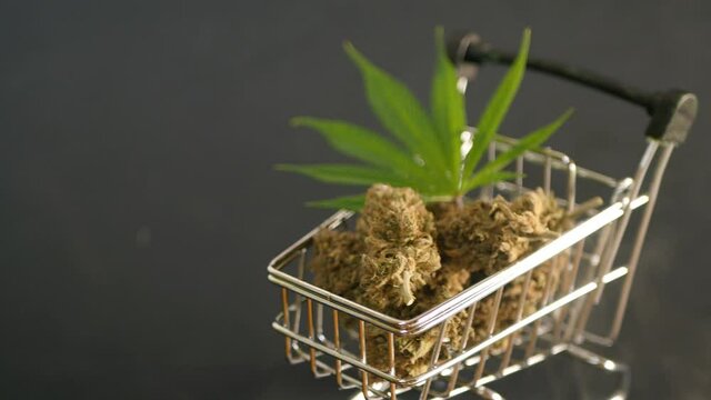 Cannabis buds in shopping cart. Marijuana leaf delivery video