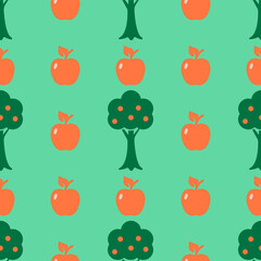 Apples are a seamless pattern. Orange apples and apple trees on a green background. Simple abstract vector background. For paper, cover, fabric, gift packaging