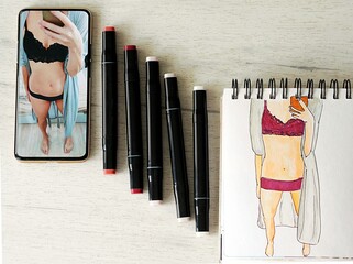 result of sketching Photo of woman in lingerie