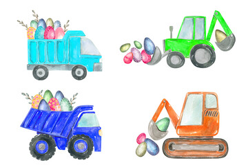 Happy Easter eggs truck clipart. The boy is an egg hunter. Dump truck, excavator, tractor, bulldozer construction equipment