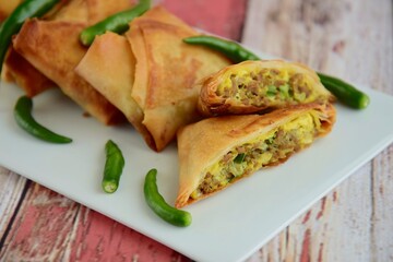 Homemade Martabak Telur, Indonesian cuisine. Pan-fried wrap filled with ground beef, egg and scallion. Served with green chilli Rawit
