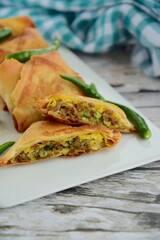 Homemade Martabak Telur, Indonesian cuisine. Pan-fried wrap filled with ground beef, egg and scallion. Served with green chilli Rawit