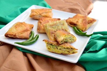 Homemade Martabak Telur, Indonesian cuisine. Pan-fried wrap filled with ground beef, egg and scallion. Served with green chilli Rawit